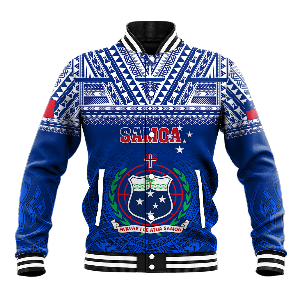 Blue varsity baseball jacket with Polynesian geometric sleeves and central crest graphic