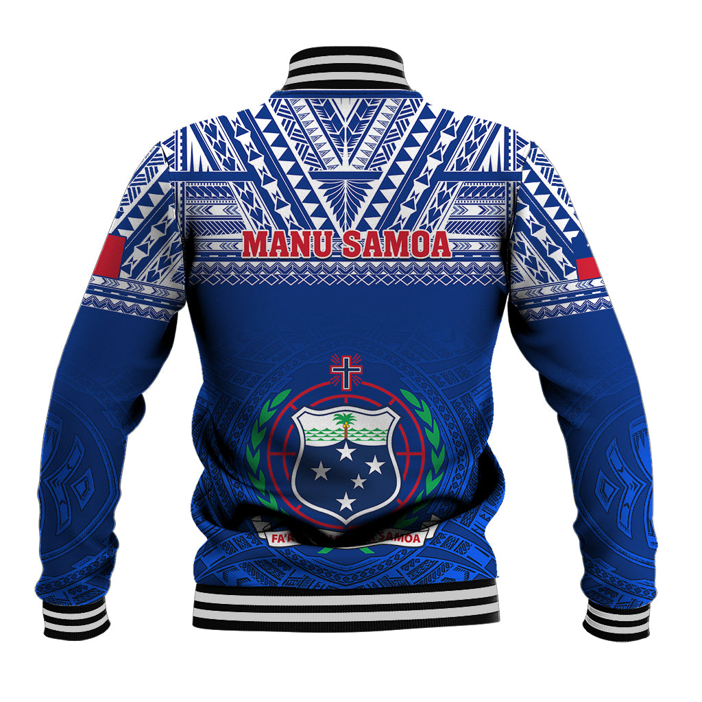 Blue back baseball jacket with Manu Samoa text and shield crest, ribbed striped hem