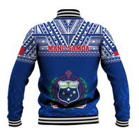Blue back baseball jacket with Manu Samoa text and shield crest, ribbed striped hem