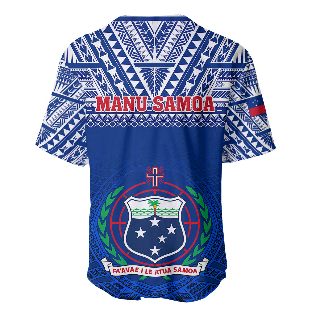 Blue rugby baseball jersey with tribal print yoke and Manu Samoa crest graphic