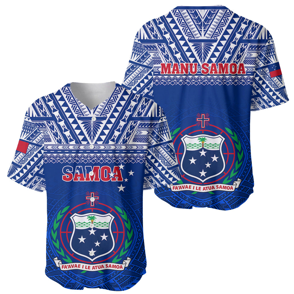 Blue rugby baseball jersey set with tribal pattern and Samoa/Manu Samoa crest front