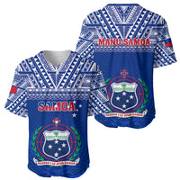 Blue rugby baseball jersey set with tribal pattern and Samoa/Manu Samoa crest front