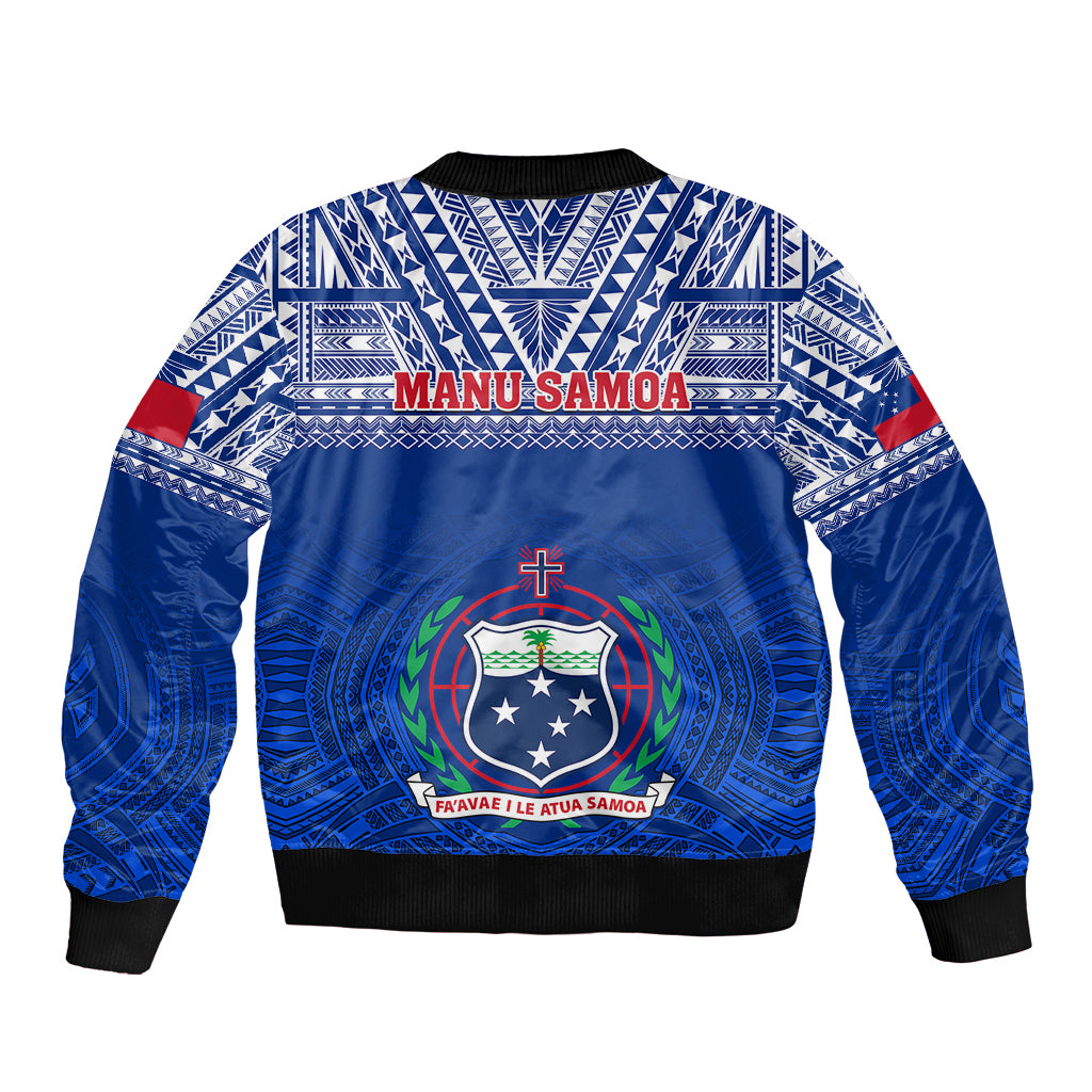 Blue bomber jacket with MANU SAMOA print, crest graphic, tribal patterns, zip front