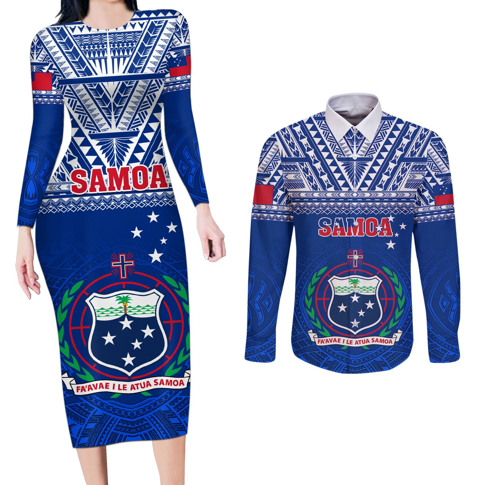 Samoa Rugby Couples Matching Long Sleeve Bodycon Dress and Long Sleeve Button Shirts Manu Samoa Polynesian Tatoo Pattern - Wonder Print Shop