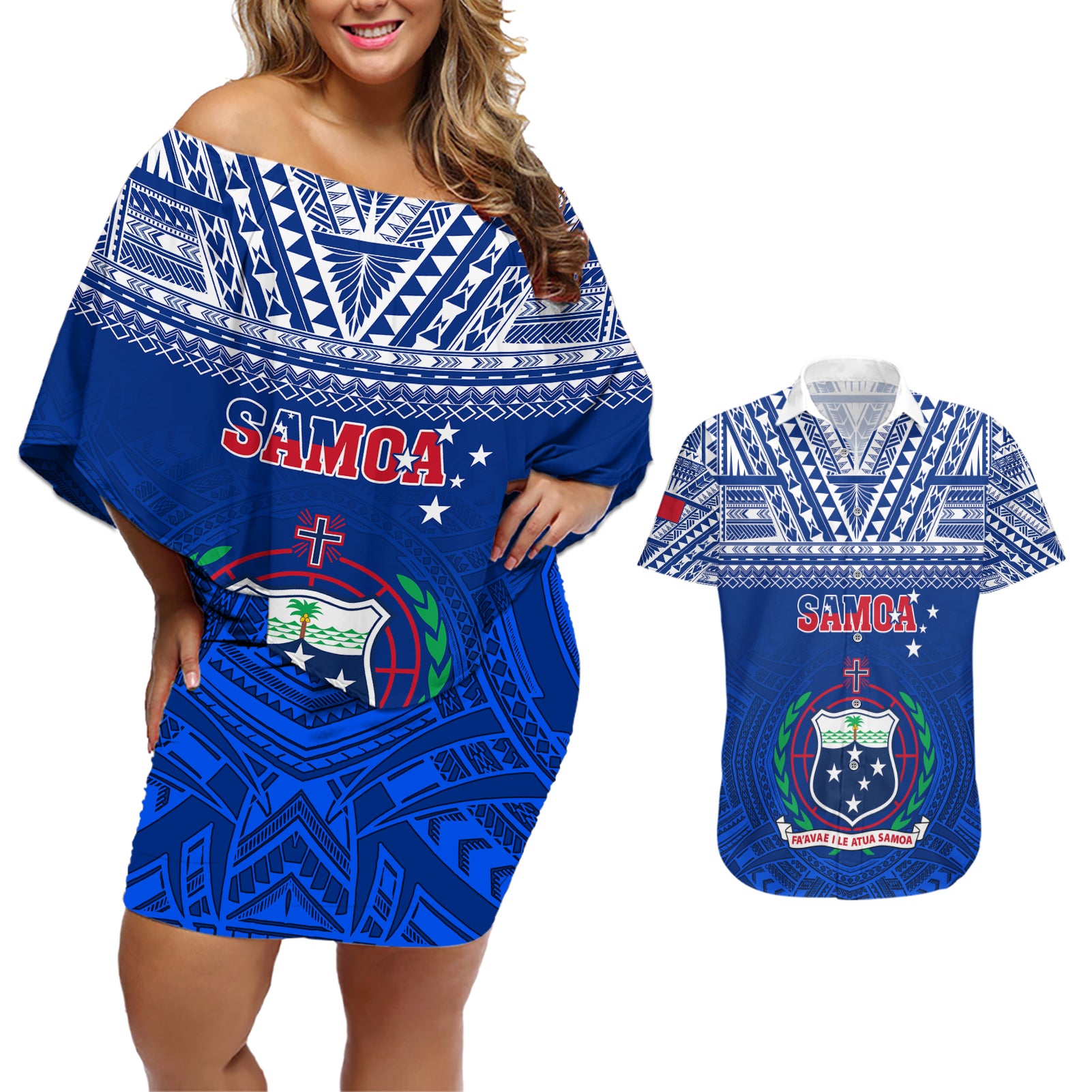 Samoa Rugby Couples Matching Off Shoulder Short Dress and Hawaiian Shirt Manu Samoa Polynesian Tatoo Pattern - Wonder Print Shop