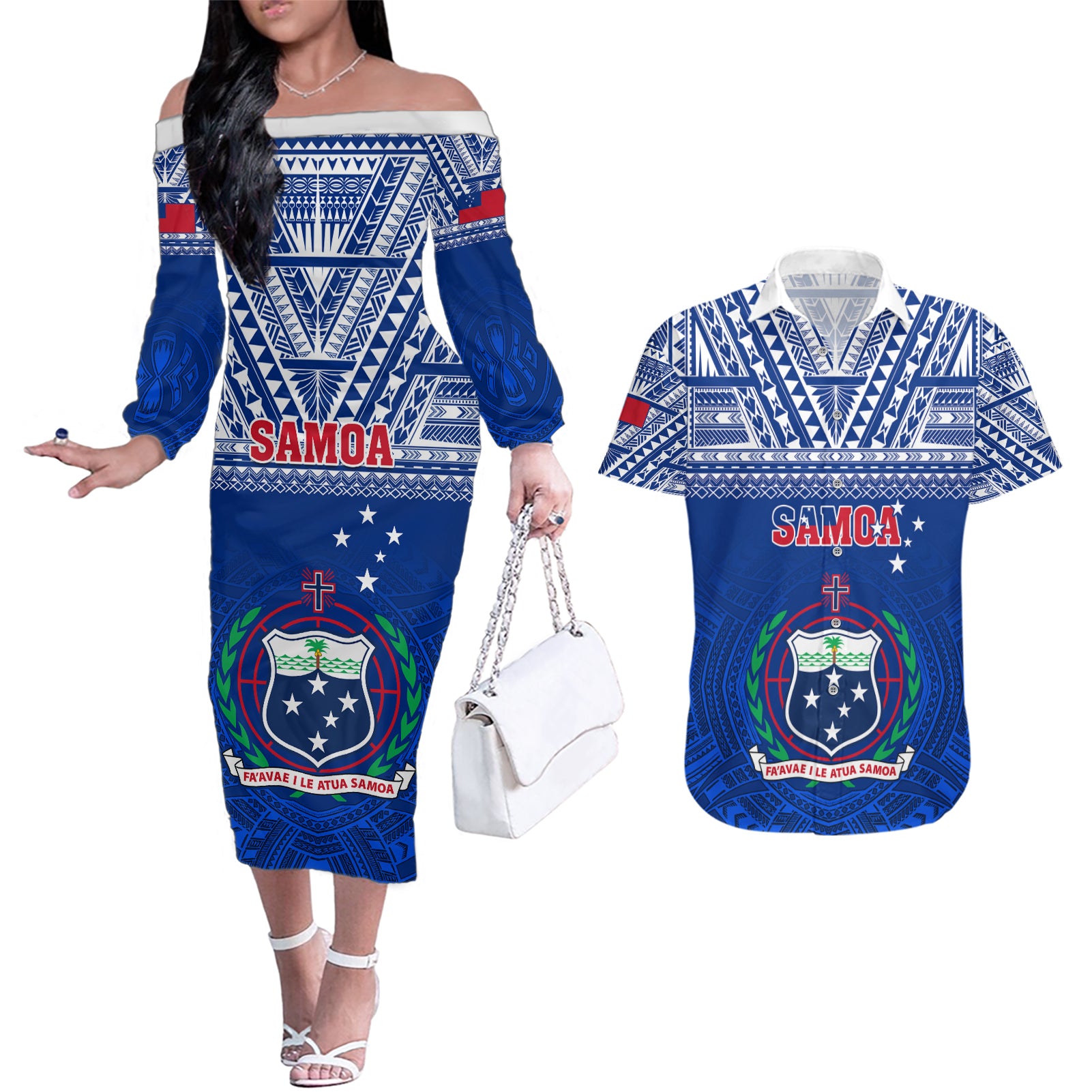 Samoa Rugby Couples Matching Off The Shoulder Long Sleeve Dress and Hawaiian Shirt Manu Samoa Polynesian Tatoo Pattern - Wonder Print Shop