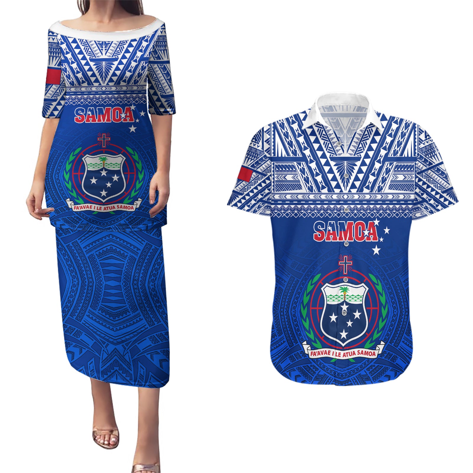 Samoa Rugby Couples Matching Puletasi Dress and Hawaiian Shirt Manu Samoa Polynesian Tatoo Pattern - Wonder Print Shop