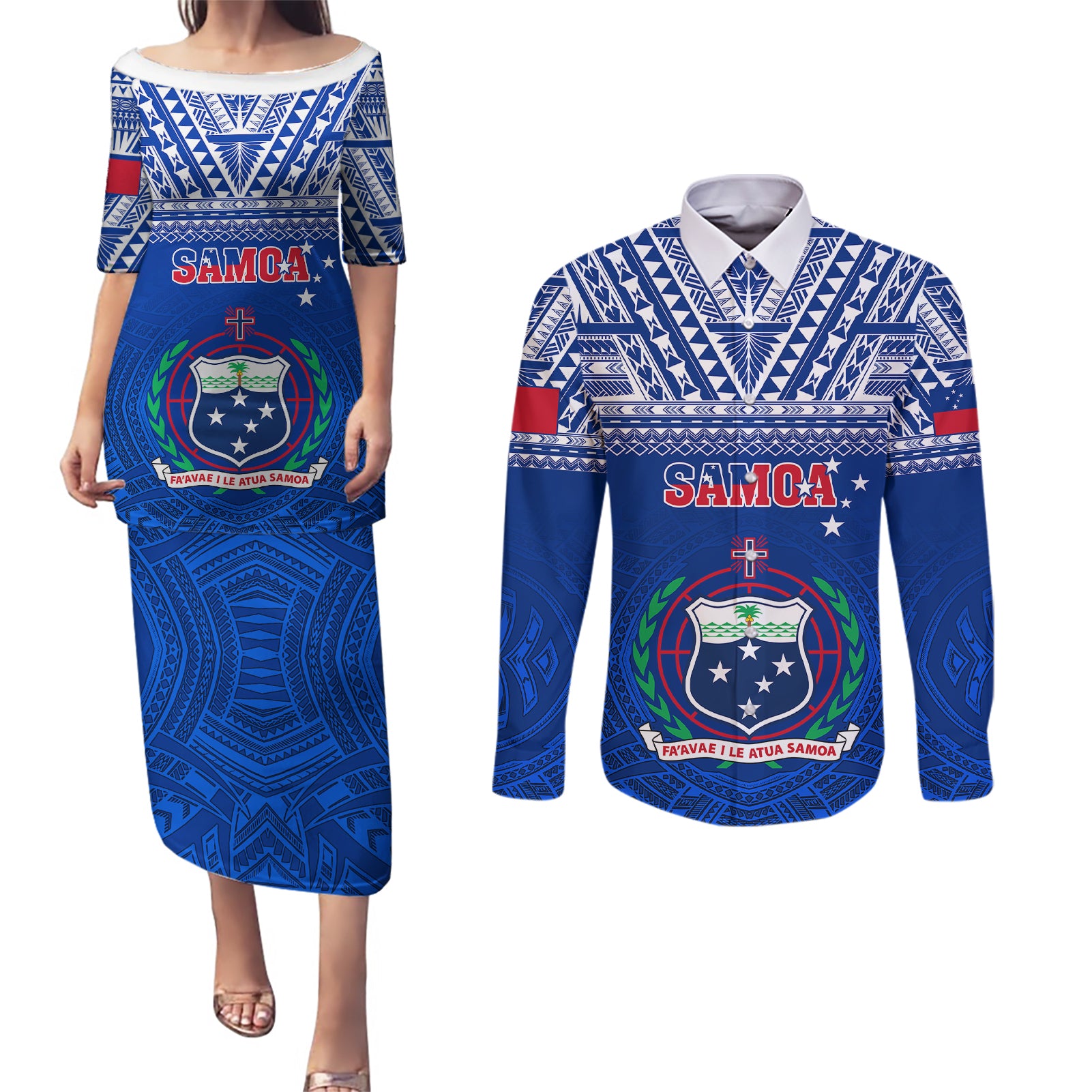 Samoa Rugby Couples Matching Puletasi Dress and Long Sleeve Button Shirts Manu Samoa Polynesian Tatoo Pattern - Wonder Print Shop