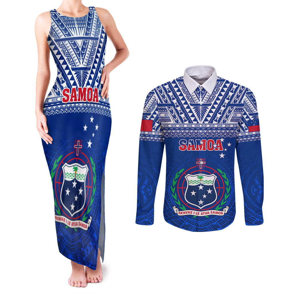 Samoa Rugby Couples Matching Tank Maxi Dress and Long Sleeve Button Shirts Manu Samoa Polynesian Tatoo Pattern - Wonder Print Shop