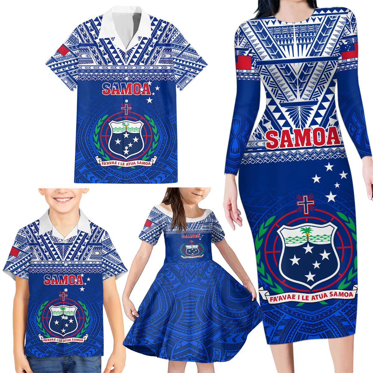 Samoa Rugby Family Matching Long Sleeve Bodycon Dress and Hawaiian Shirt Manu Samoa Polynesian Tatoo Pattern - Wonder Print Shop