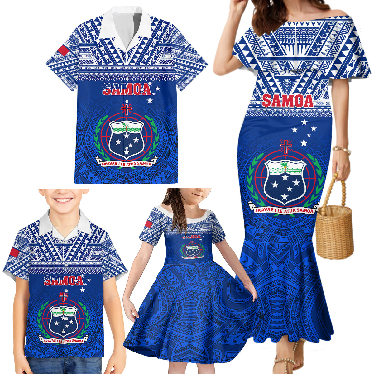 Samoa Rugby Family Matching Mermaid Dress and Hawaiian Shirt Manu Samoa Polynesian Tatoo Pattern - Wonder Print Shop