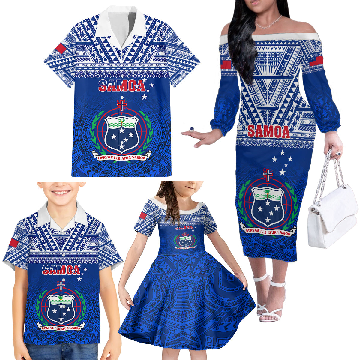 Samoa Rugby Family Matching Off Shoulder Long Sleeve Dress and Hawaiian Shirt Manu Samoa Polynesian Tatoo Pattern - Wonder Print Shop