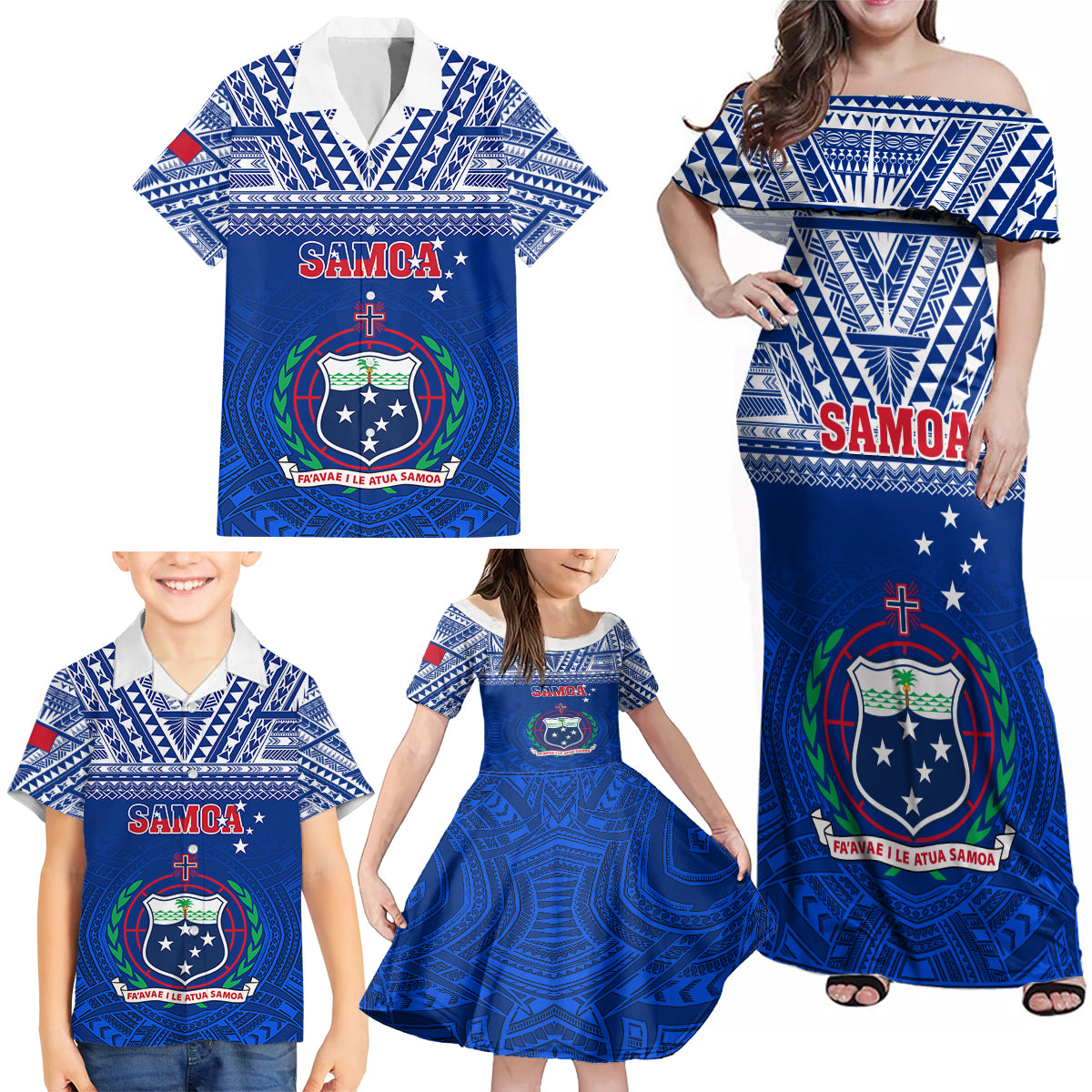 Samoa Rugby Family Matching Off Shoulder Maxi Dress and Hawaiian Shirt Manu Samoa Polynesian Tatoo Pattern - Wonder Print Shop