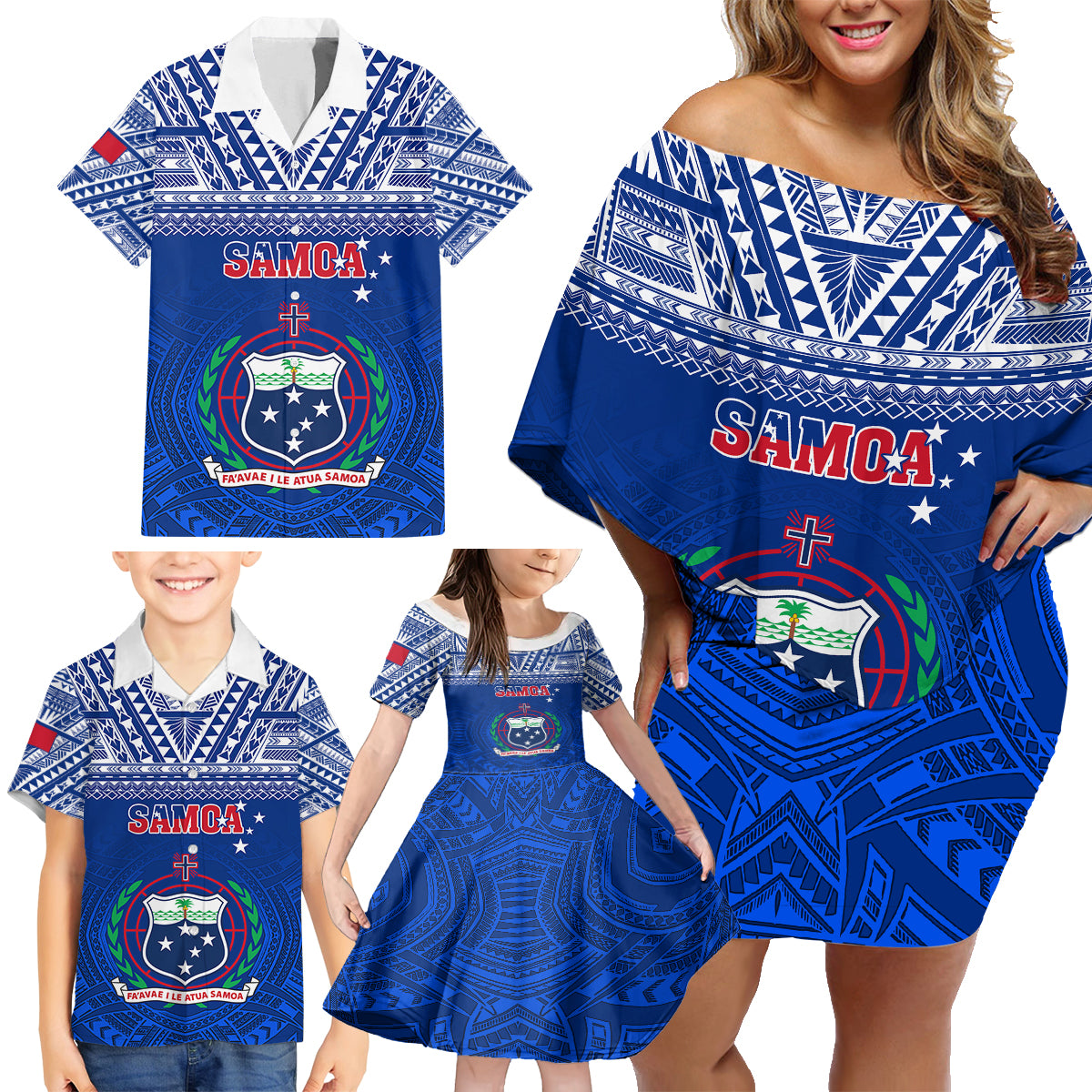 Samoa Rugby Family Matching Off Shoulder Short Dress and Hawaiian Shirt Manu Samoa Polynesian Tatoo Pattern - Wonder Print Shop