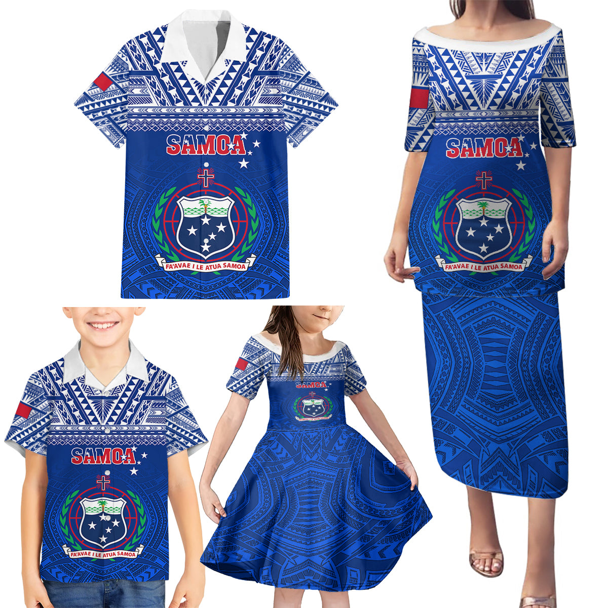 Samoa Rugby Family Matching Puletasi Dress and Hawaiian Shirt Manu Samoa Polynesian Tatoo Pattern - Wonder Print Shop