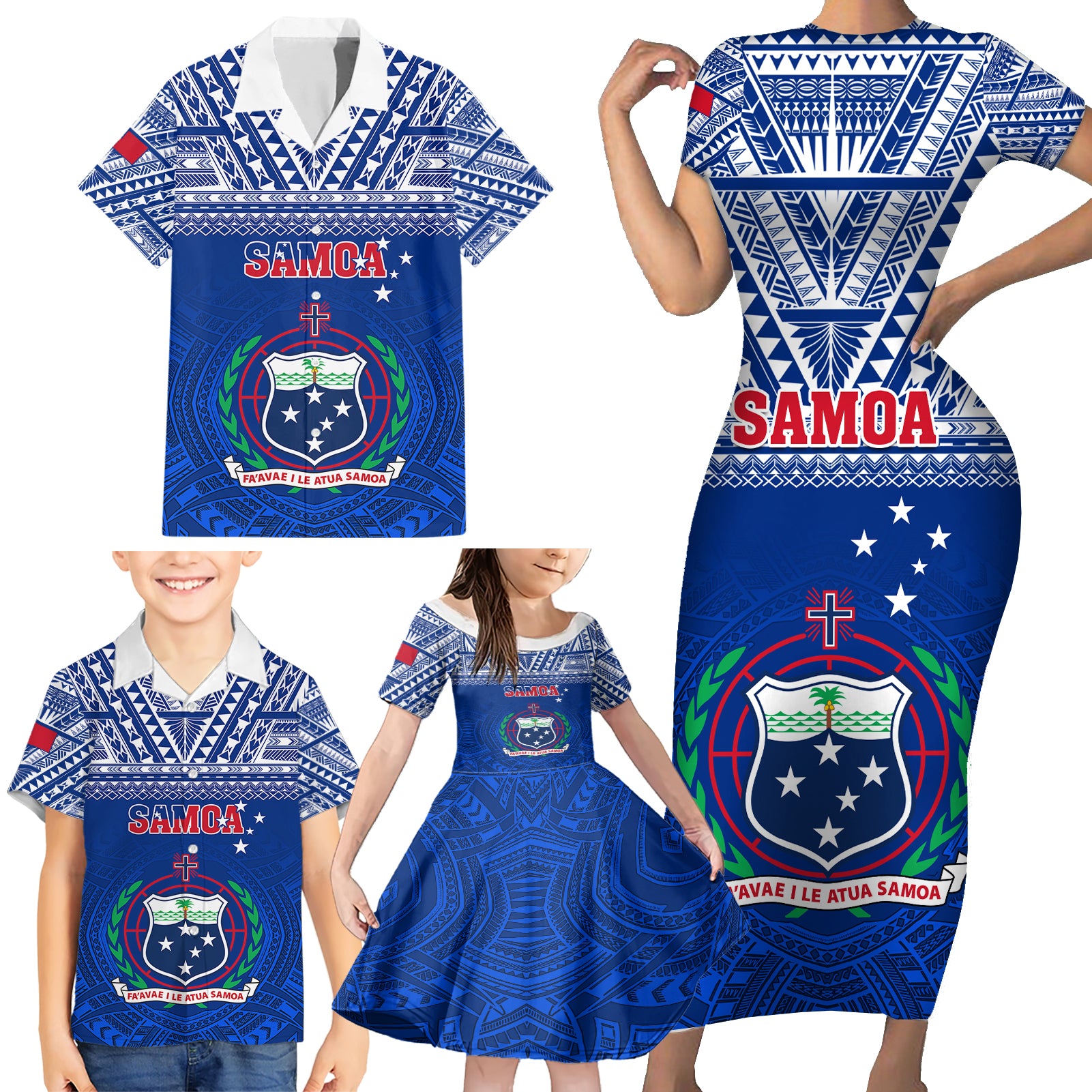 Samoa Rugby Family Matching Short Sleeve Bodycon Dress and Hawaiian Shirt Manu Samoa Polynesian Tatoo Pattern - Wonder Print Shop