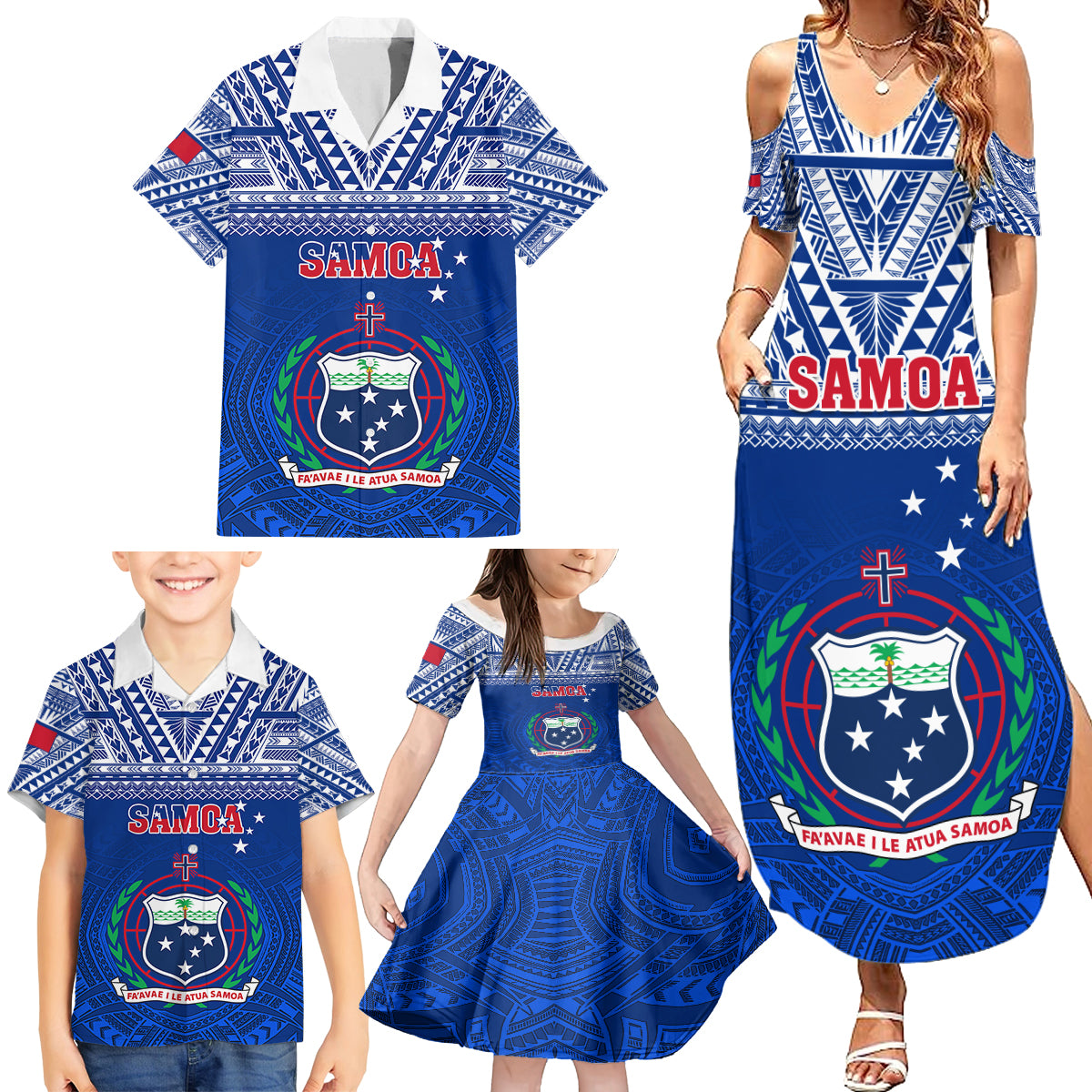 Samoa Rugby Family Matching Summer Maxi Dress and Hawaiian Shirt Manu Samoa Polynesian Tatoo Pattern - Wonder Print Shop