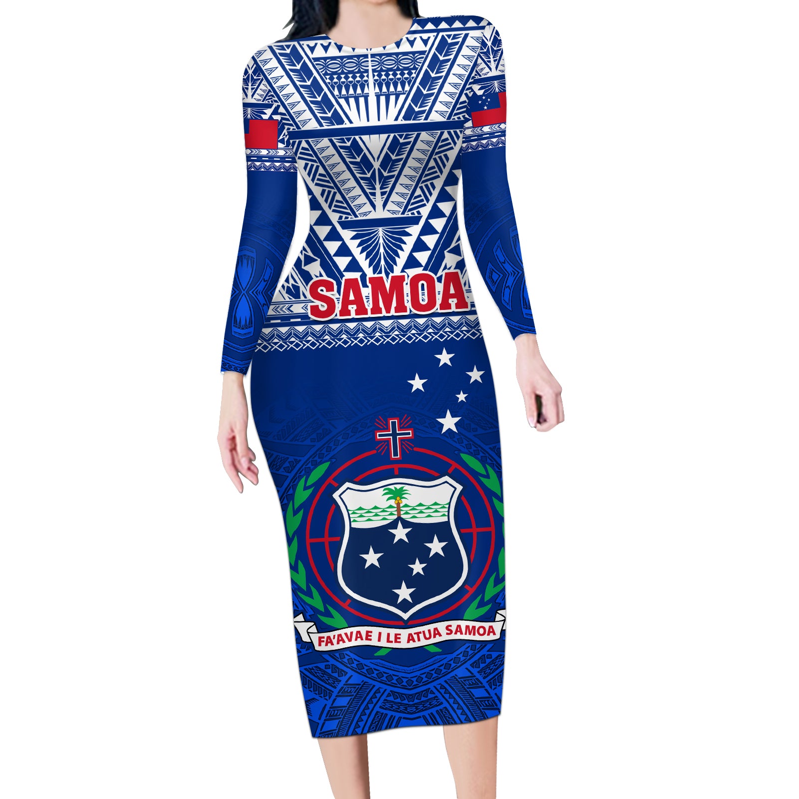 Samoa Rugby Long Sleeve Bodycon Dress Manu Samoa Polynesian Tatoo Pattern - Wonder Print Shop