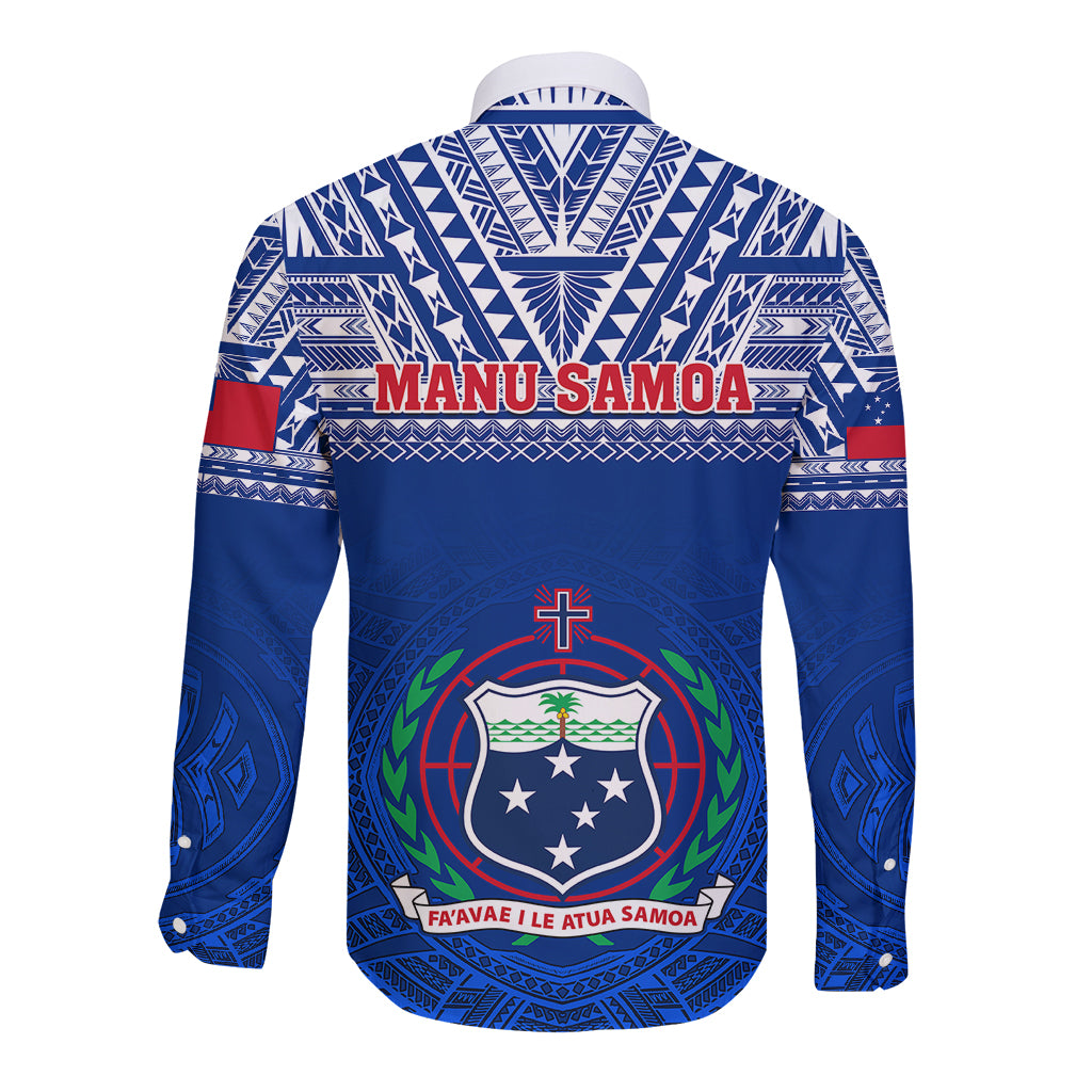Blue long-sleeve rugby button shirt, back view with tribal pattern and Manu Samoa text