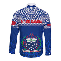 Blue long-sleeve rugby button shirt, back view with tribal pattern and Manu Samoa text