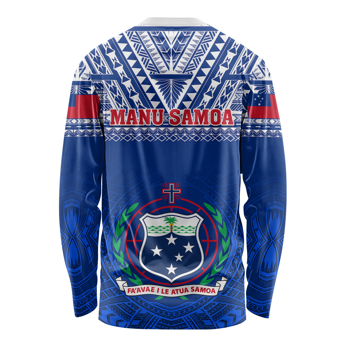 Blue rugby long sleeve shirt with MANU SAMOA text, tribal stripes, and crest