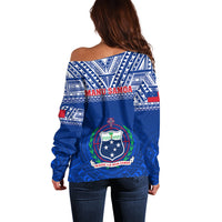 Blue off-shoulder rugby sweater back with Manu Samoa text and crest emblem