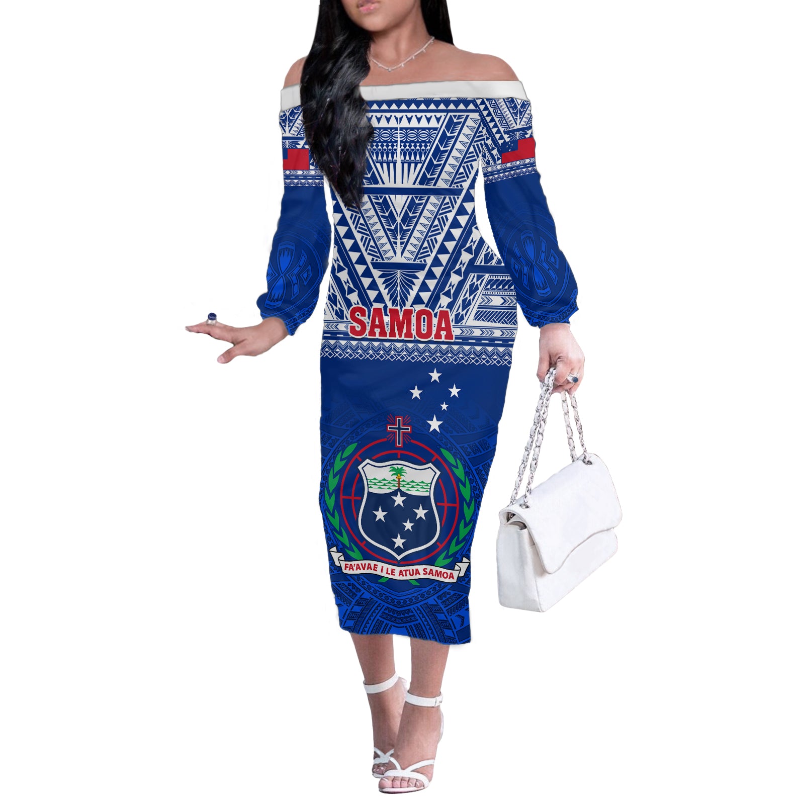 Samoa Rugby Off The Shoulder Long Sleeve Dress Manu Samoa Polynesian Tatoo Pattern - Wonder Print Shop