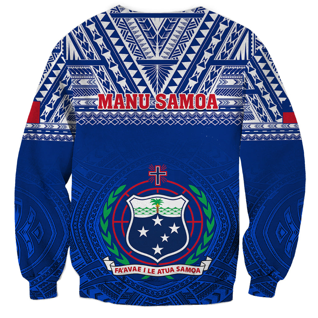 Unisex blue rugby sweatshirt with Polynesian tattoo pattern and MANU SAMOA crest