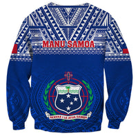 Unisex blue rugby sweatshirt with Polynesian tattoo pattern and MANU SAMOA crest