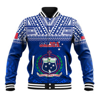 Blue rugby baseball jacket with white geometric trim, Samoa crest graphic, ribbed cuffs