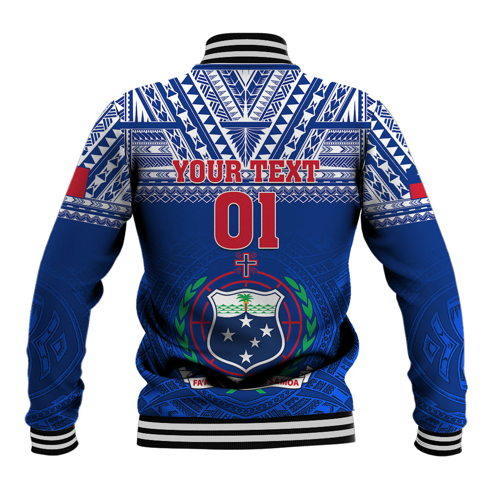 Blue rugby baseball jacket with striped collar, Your Text 01 back graphic, ribbed hem