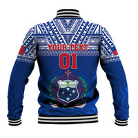 Blue rugby baseball jacket with striped collar, Your Text 01 back graphic, ribbed hem