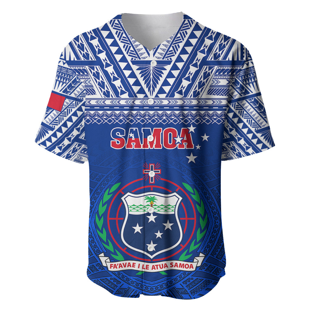 Blue Samoa rugby baseball jersey with Polynesian geometric pattern and large crest logo