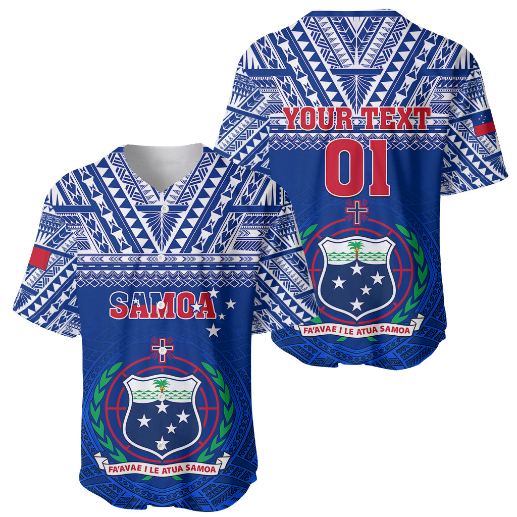 Blue Samoa rugby baseball jersey with Polynesian pattern and crest, customizable text