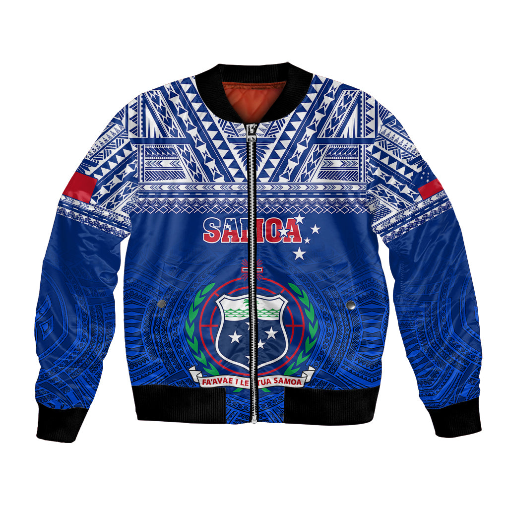 Blue zip-front rugby bomber jacket with tribal pattern, Samoa crest, ribbed cuffs