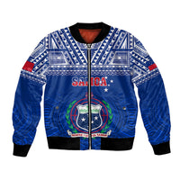 Blue zip-front rugby bomber jacket with tribal pattern, Samoa crest, ribbed cuffs