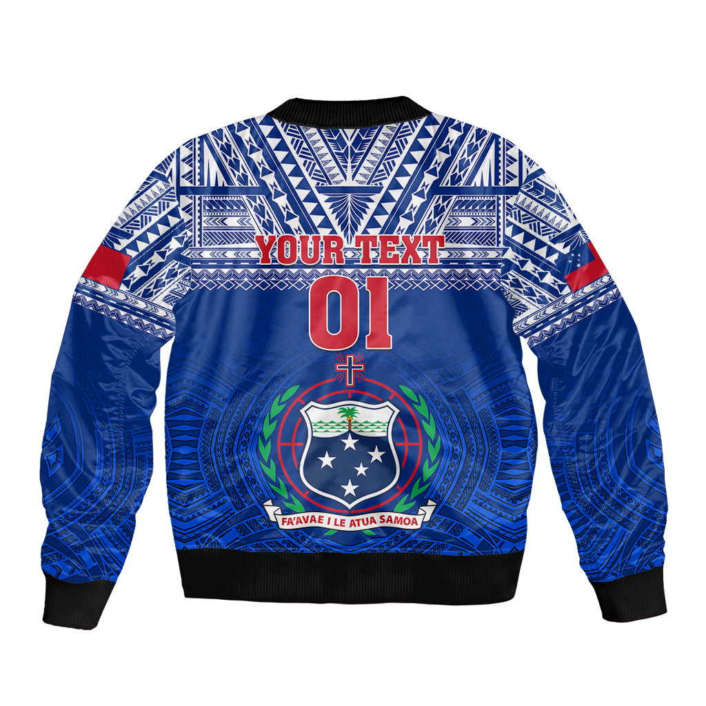Blue zip-front bomber jacket with tribal pattern, Your Text 01 graphic, ribbed cuffs