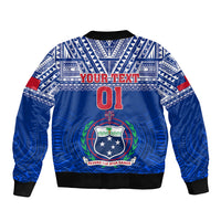 Blue zip-front bomber jacket with tribal pattern, Your Text 01 graphic, ribbed cuffs