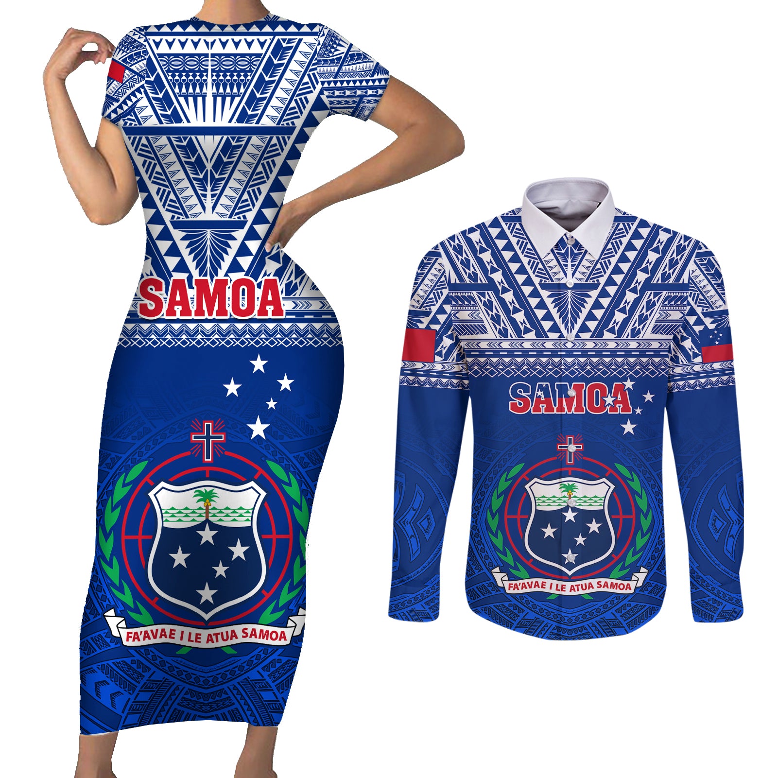 Custom Samoa Rugby Couples Matching Short Sleeve Bodycon Dress and Long Sleeve Button Shirts Manu Samoa Polynesian Tatoo Pattern - Wonder Print Shop