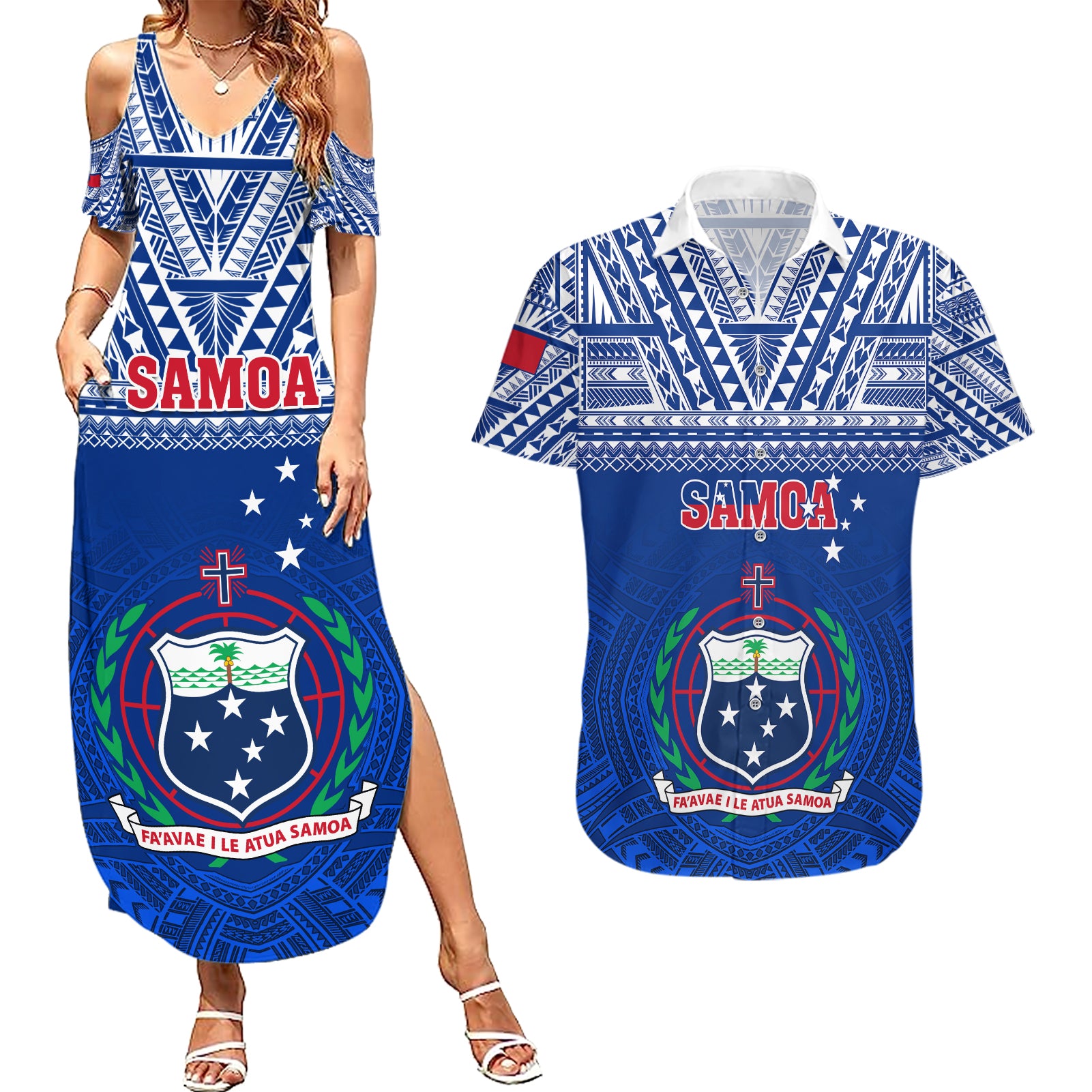 Custom Samoa Rugby Couples Matching Summer Maxi Dress and Hawaiian Shirt Manu Samoa Polynesian Tatoo Pattern - Wonder Print Shop