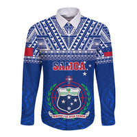 Blue long-sleeve rugby button-up shirt with tribal geometric pattern and Samoa crest