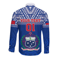 Blue long-sleeve rugby button-up shirt with back graphic, custom text, crest and tribal pattern