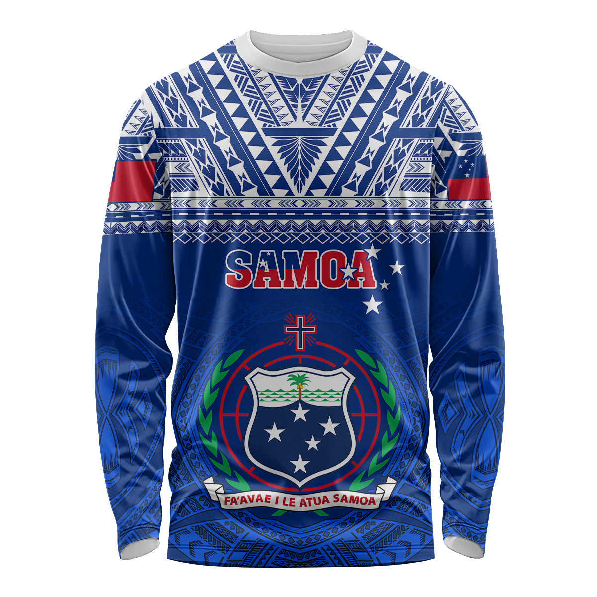 Blue unisex rugby long sleeve shirt with Polynesian geometric pattern and Samoa crest
