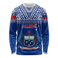 Blue unisex rugby long sleeve shirt with Polynesian geometric pattern and Samoa crest