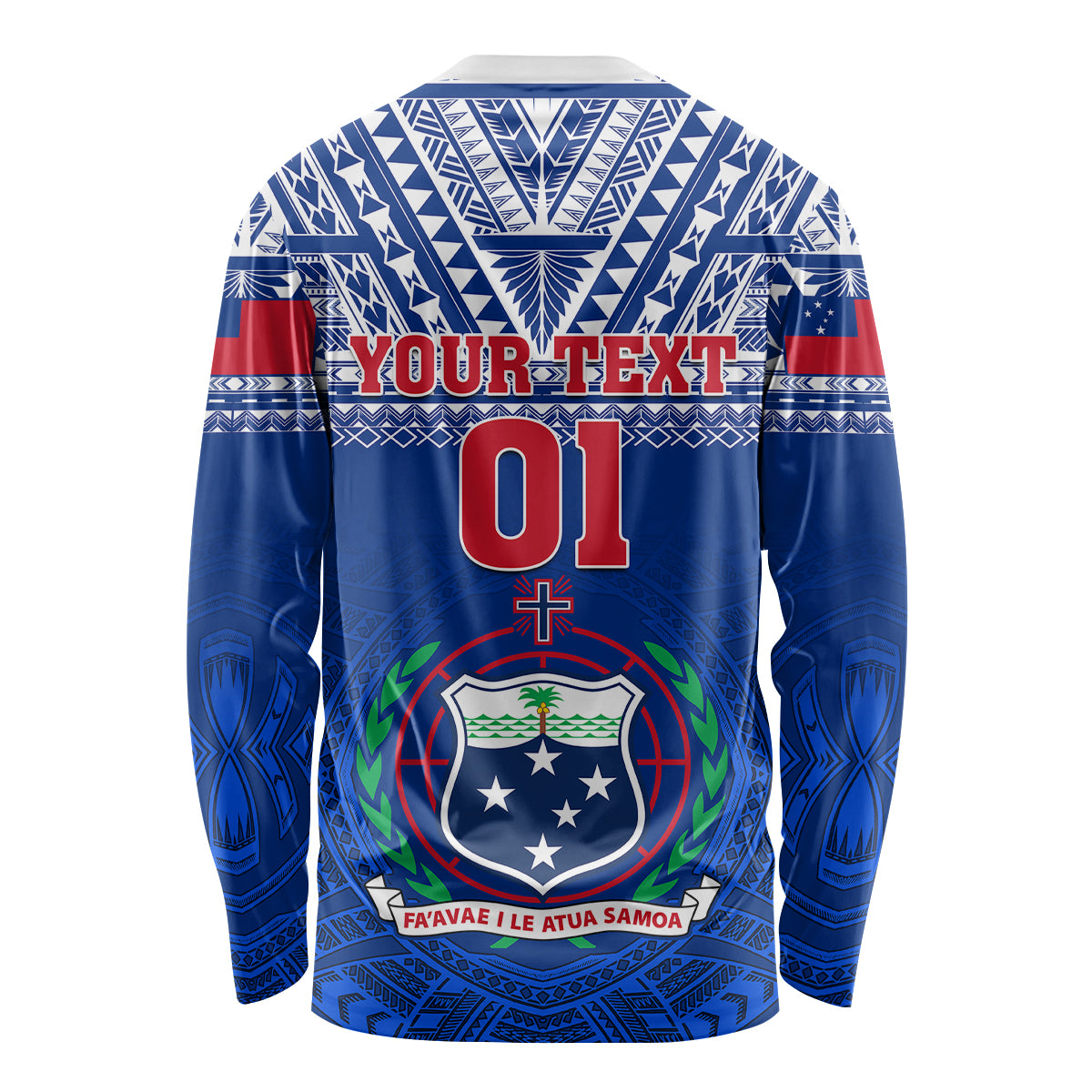 Blue unisex rugby long sleeve shirt with 'YOUR TEXT' 01 graphic and Samoa crest