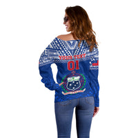 Blue off-shoulder sweater back view with 'YOUR TEXT' 01 and crest
