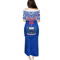 Blue long puletasi dress, back view, custom text and number 01, Polynesian tattoo design
