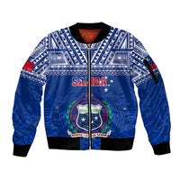Blue zip-up bomber jacket with tribal pattern, Samoa logo and ribbed cuffs