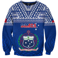 Blue crewneck rugby sweatshirt with Polynesian tribal pattern and SAMOA crest graphic