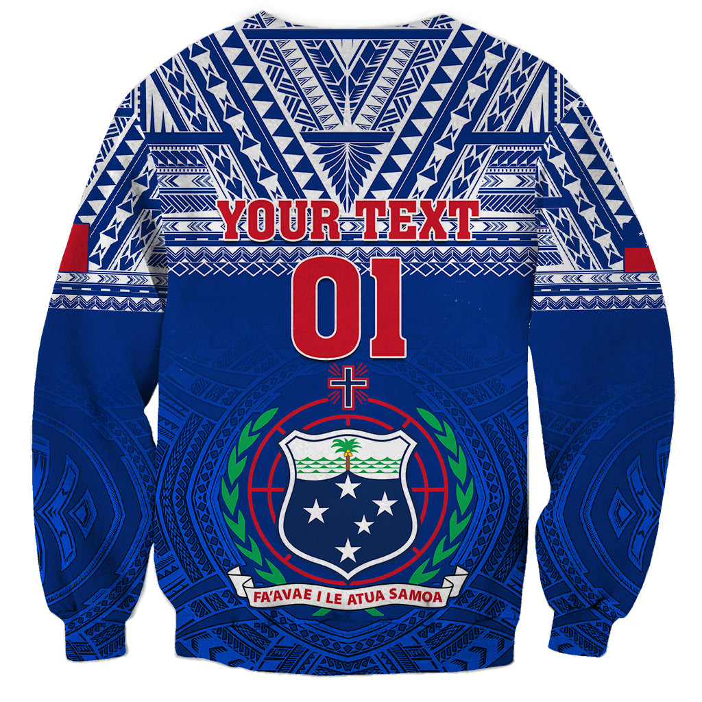 Blue crewneck rugby sweatshirt with Polynesian tribal pattern, YOUR TEXT 01 crest graphic